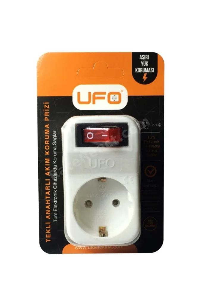 Akım Korumalı Priz Ufo Tekli Anahtarlı Beyaz Renk 16a 250v (AŞIRI YÜK KORUMASI)