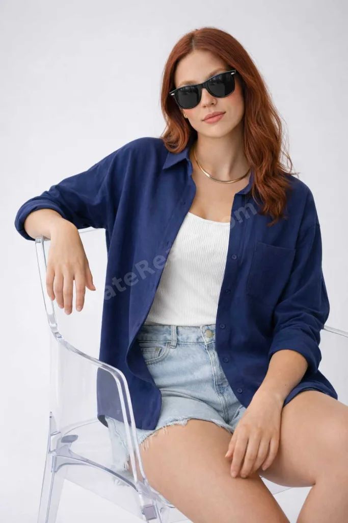 Kadın Oversize Lacivert Pamuklu Rahat Keten Gömlek-Yaz Koleksiyonu