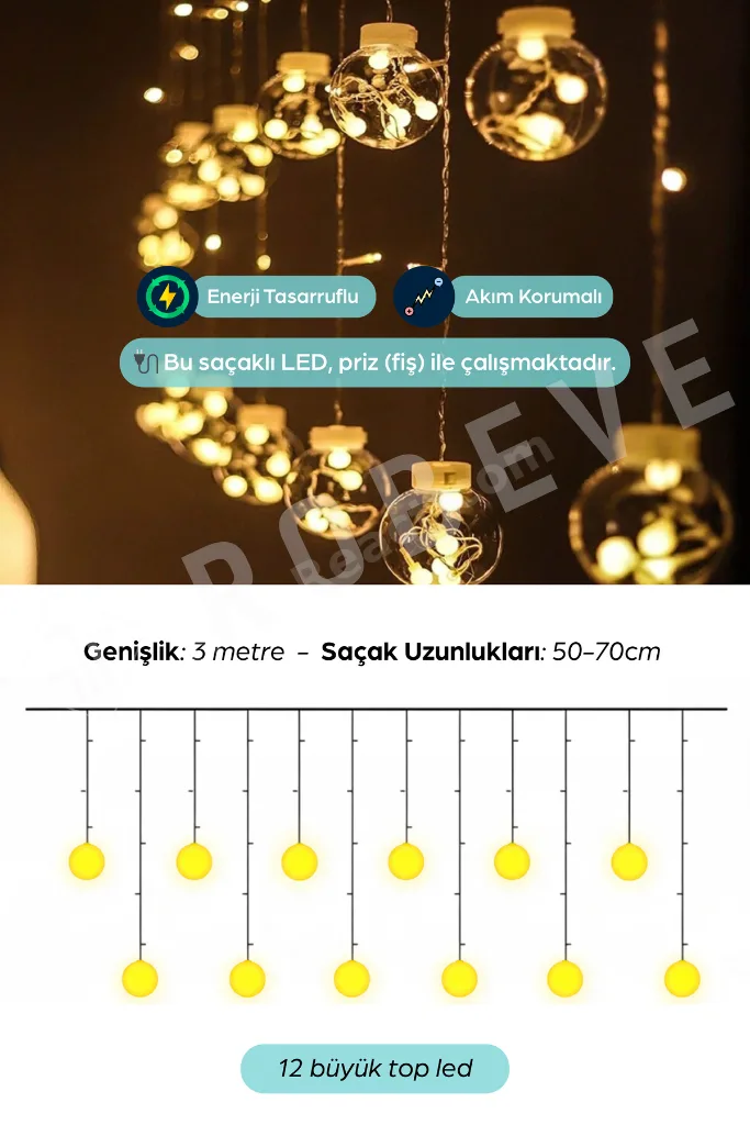 Dekoratif Işıklı 12toplu Perde Led Fişli Led Işık Top Led Yılbaşı Işığı