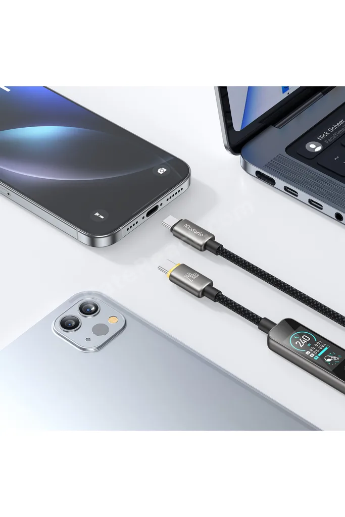 CabVision 240W Usb -C To Usb-C TFT Ekranlı Dokunmatik Mod 1.2 Metre Siyah Örgü Şarj Ve Data Kablosu