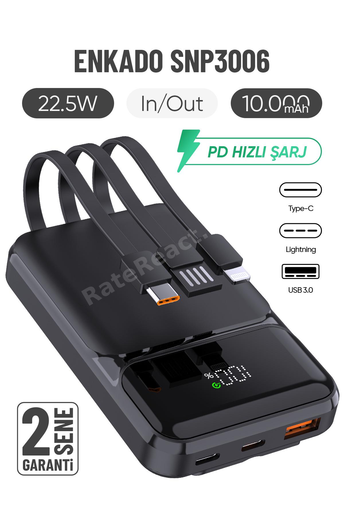 SNP-3006 10.000 Mah Hızlı Şarj LED Göstergeli Powerbank 3in1 Dahili Kablolu Taşınabilir Şarj Cihazı