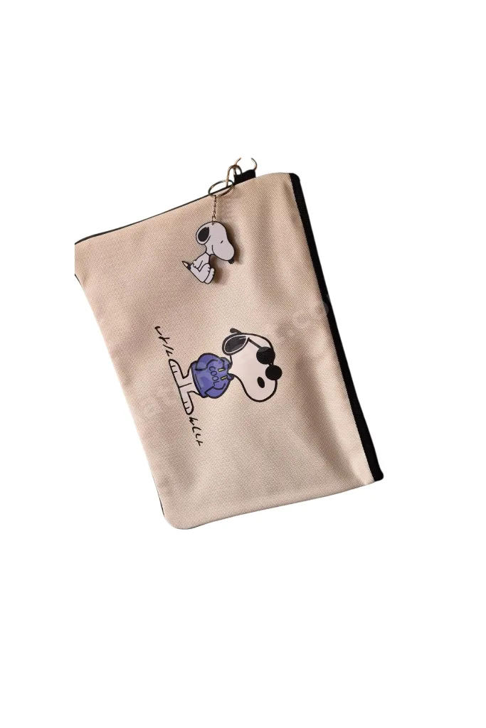 Suni Deri Snoopy Desen Portföy Clutch Tablet Kılıfı Çanta