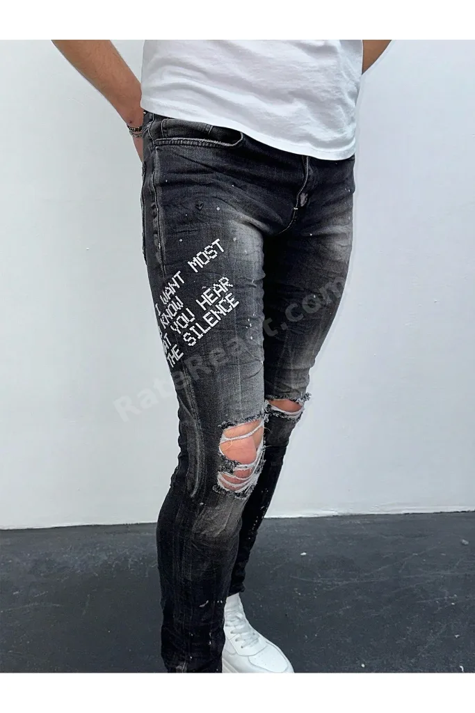 Erkek Füme Yazı Baskılı Yırtık Detay Slim Fit Skinny Jean Pantolon