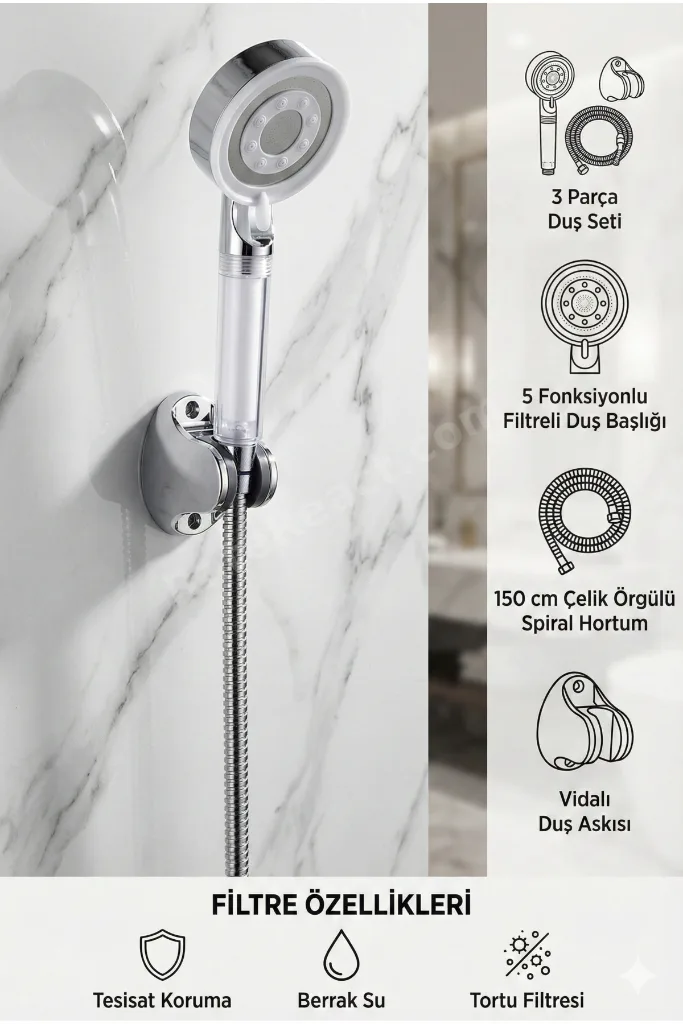 Filtreli Beyaz Çelik 5 Fonksiyonlu Duş Başlığı Seti – 150 cm Çelik Örgülü Hortum + mafsal