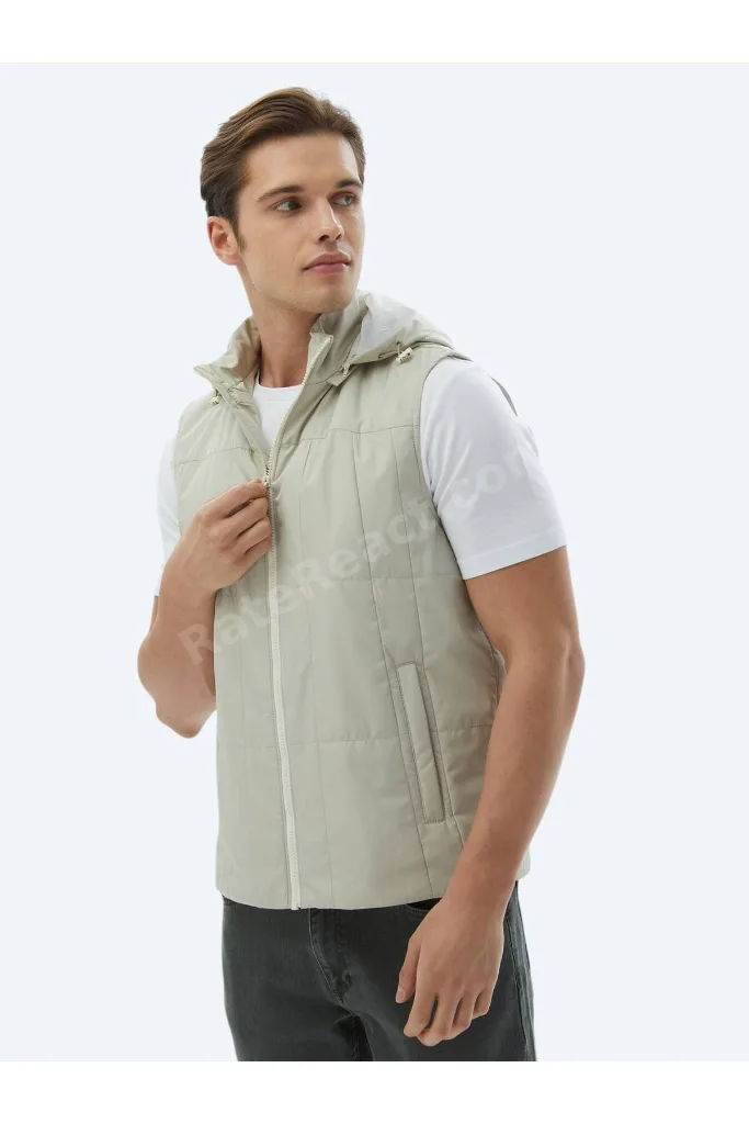 Açık Haki Regular Fit Kapüşonlu Casual Dokuma Spor Yelek
