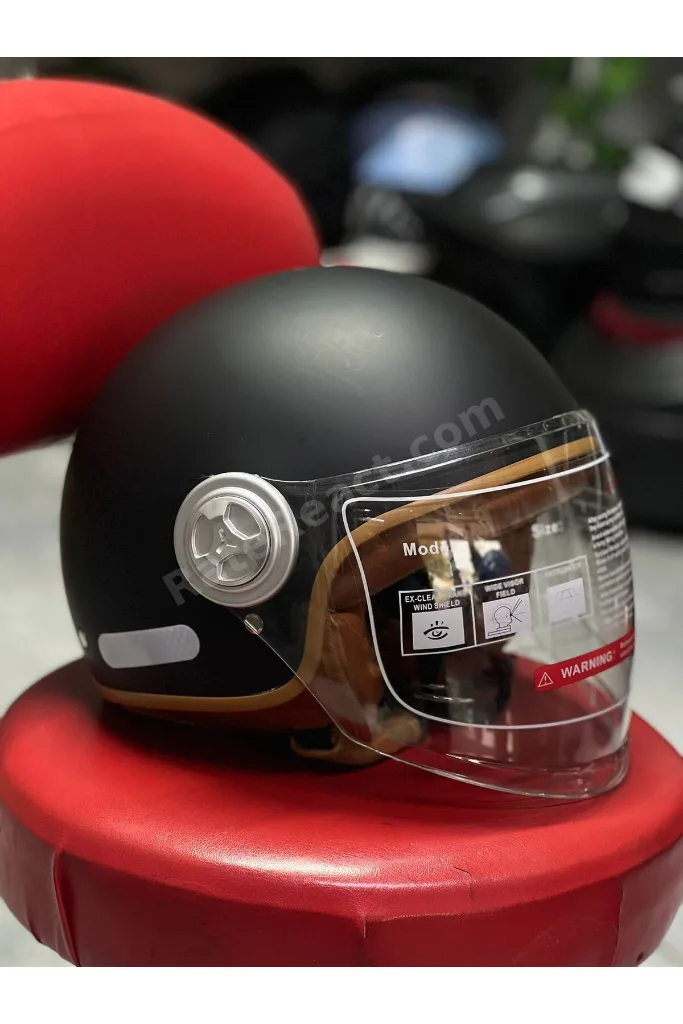 Retro Açık Motosiklet Kaskı - Mat Siyah Kahverengi Deri Detaylı Şeffaf Vizörlü Scooter Kaskı