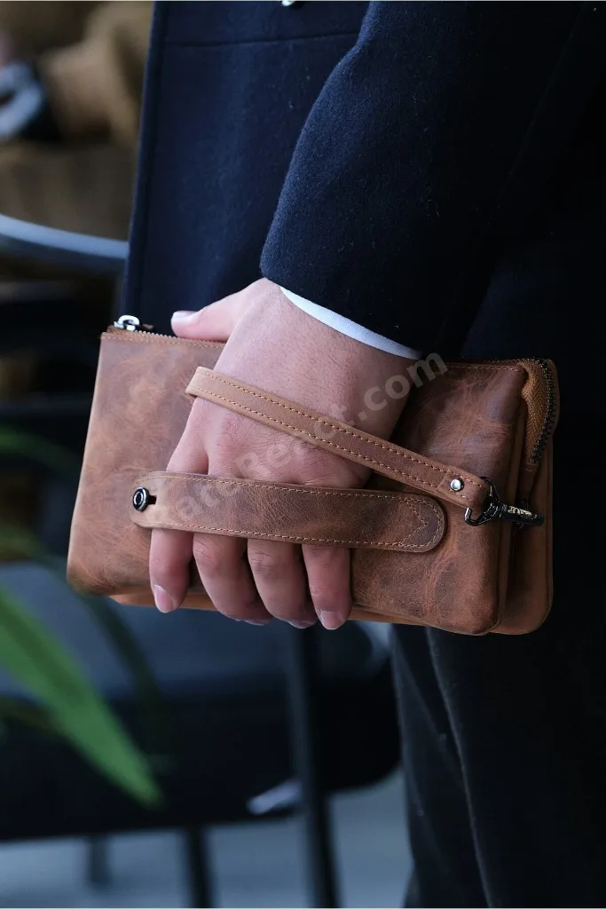 %100 Deri Unisex El Çantası - Erkek & Kadın Için Hediye - Hakiki Dana Derisi Çanta - Kahverengi/taba