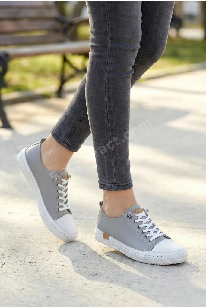 Kadın Hakiki Deri Gri Sneaker El Dikişli Günlük Spor Ayakkabı Bağcıklı Rahat Taban