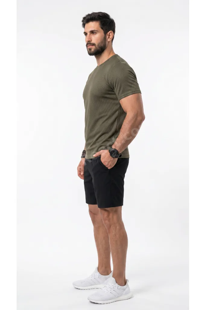 Erkek Haki Spor T-Shirt Nefes Alabilen Ter Tutmaz Çabuk Kuruyan Esnek Yapılı Hava Alan Kumaş