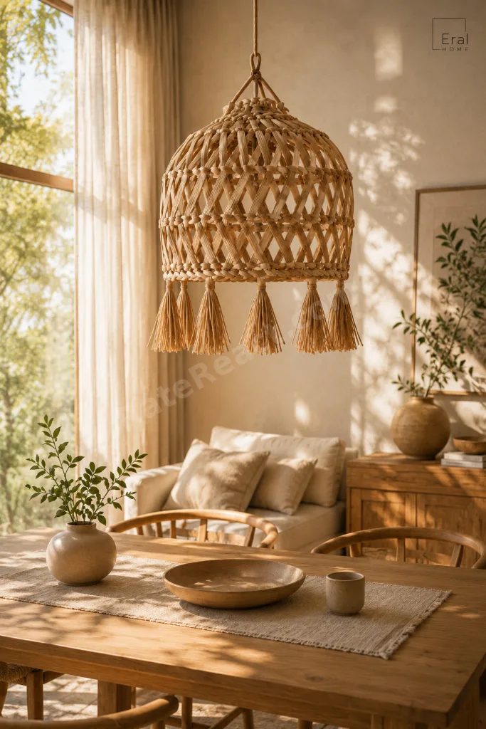 Dekoratif Rattan El Örmesi Hasır Tarz Tekli Sarkıt Avize 30 cm İskandinav Balkon Bahçe Salon