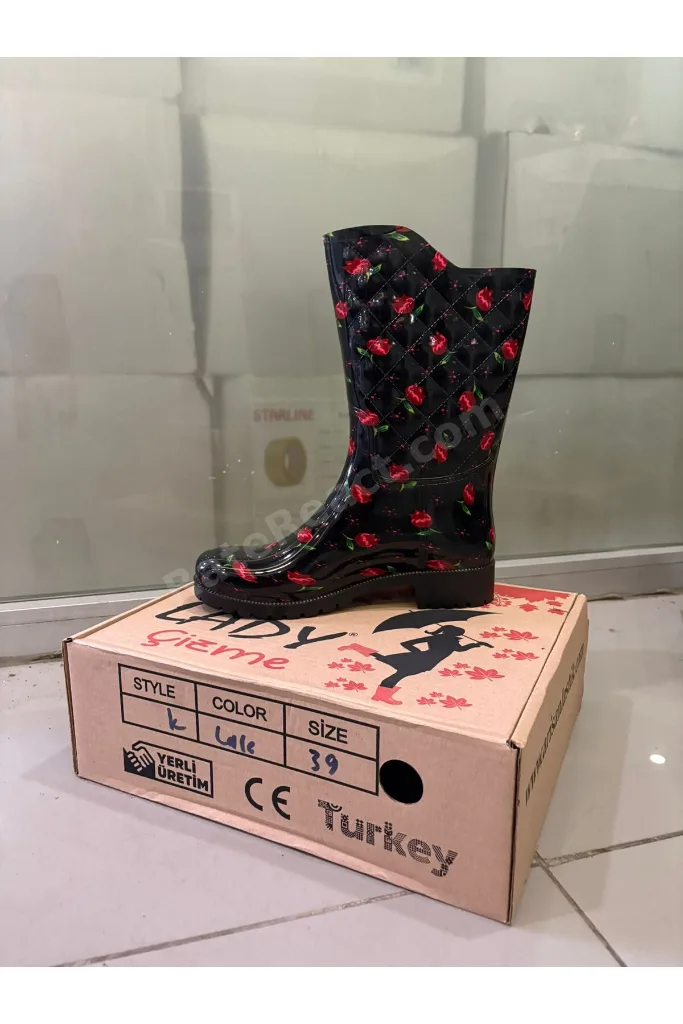 Kadın LALE Desenli 35 Cm Uzun Bahçe Yağmur Çizmesi