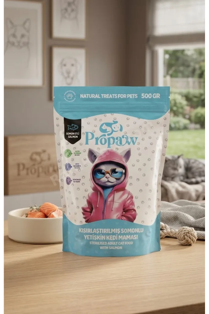 YETİŞKİN KISIRLAŞTIRILMIŞ KEDİLER İÇİN SOMONLU TAM BESLEYİCİ KURU MAMA 500 GR