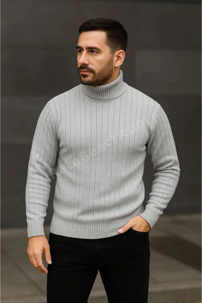 Erkek Fitilli Triko Kazak 3lÜ Set Gri Haki Siyah Regular Balıkcı Yaka Tam Boğazlı Triko Seti Modeli