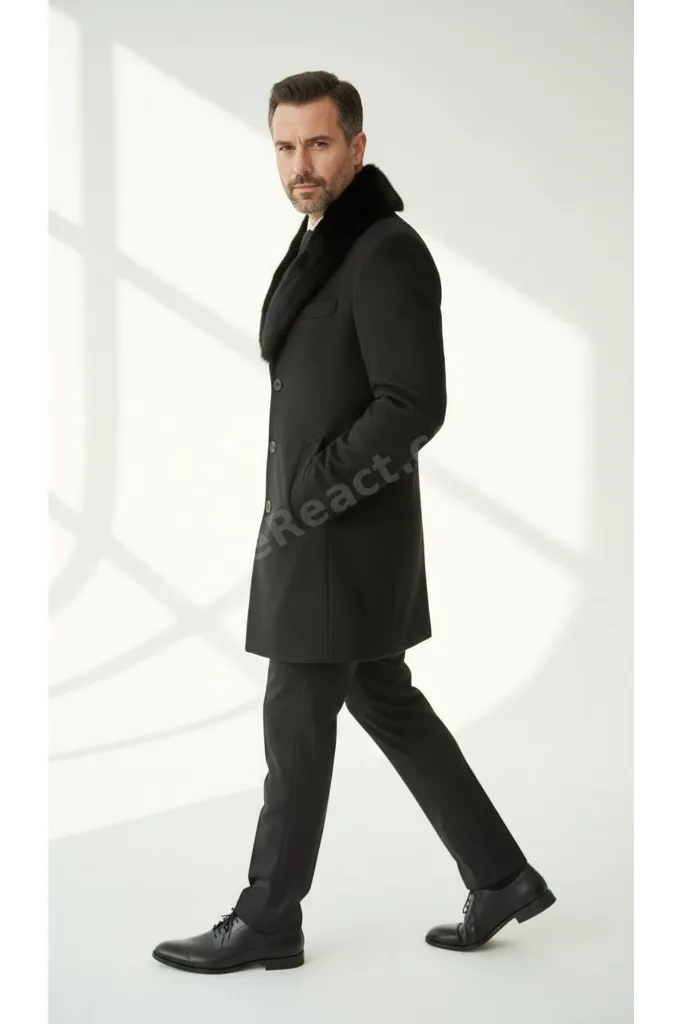 Erkek Uzun Kaşe Kaban – Çıkartılabilir Kürk Yaka, Astarlı ve Cepli Slim Fit Mont (Bej,
