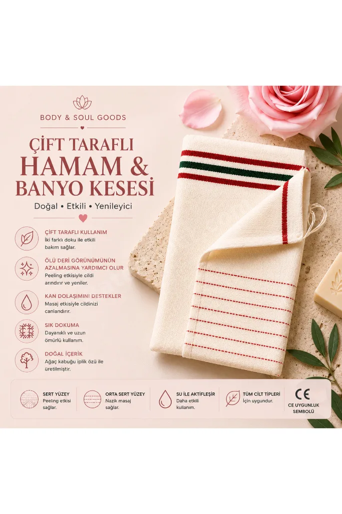 Body & Soul Goods Çift Taraflı Hamam ve Banyo Kesesi | Sert & Orta Sert Vücut Peeling Kesesi