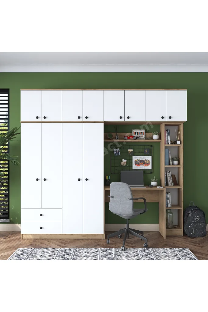 Rani Ba122 Geniş Gardırop Elbise Dolabı + Çalışma Masası + Kitaplık Sepet Ceviz - Beyaz 216 X 240 Cm