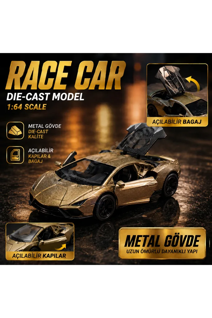 4'lü Die Cast Metal Spor Araba Seti – 1:64 Ölçek - Çek Bırak Mekanizmalı - Açılır Kapı & Bagaj - Kutulu Koleksiyon
