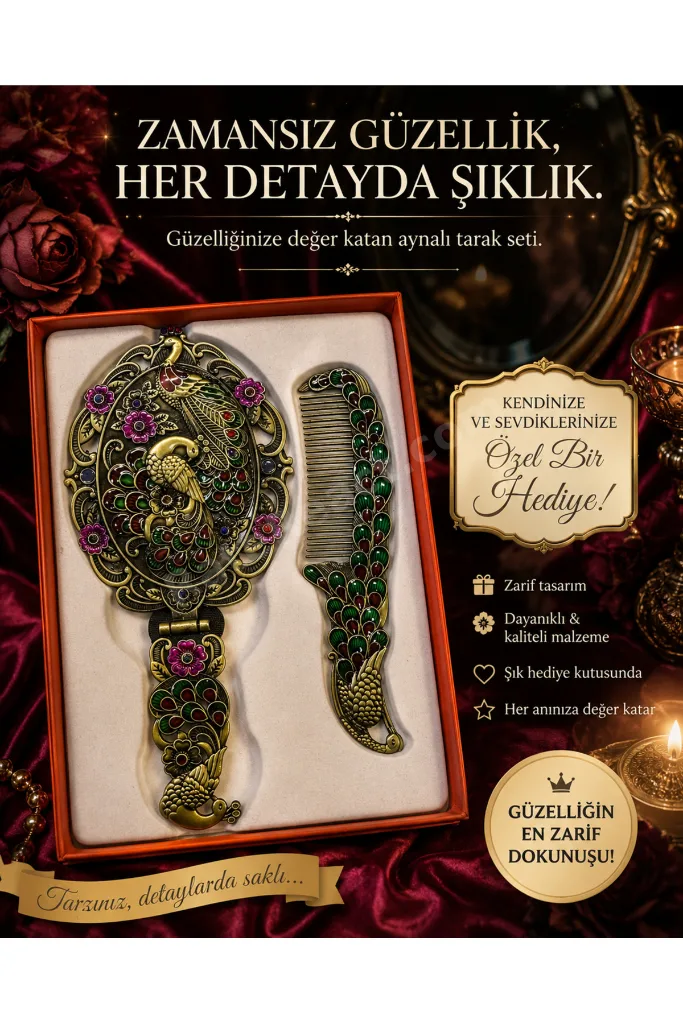 Vintage Tavus Kuşu Desenli Ayna & Tarak Seti – Dekoratif Hediyelik Kadın Bakım Seti