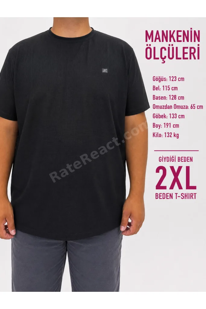 Büyük Beden Sıfır Yaka Waffle Kumaş Basıc Erkek Tshirt