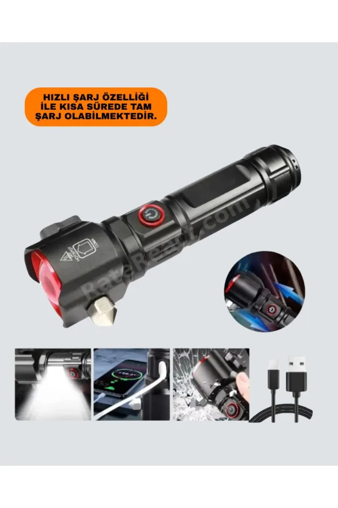 USB Şarjlı Çok Amaçlı El Feneri Çekiçli Pusulalı