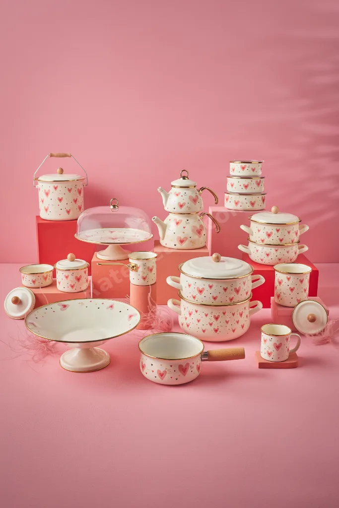 Kalp Detaylı Pink Love Emaye Karnıyarık Tencere 22 cm