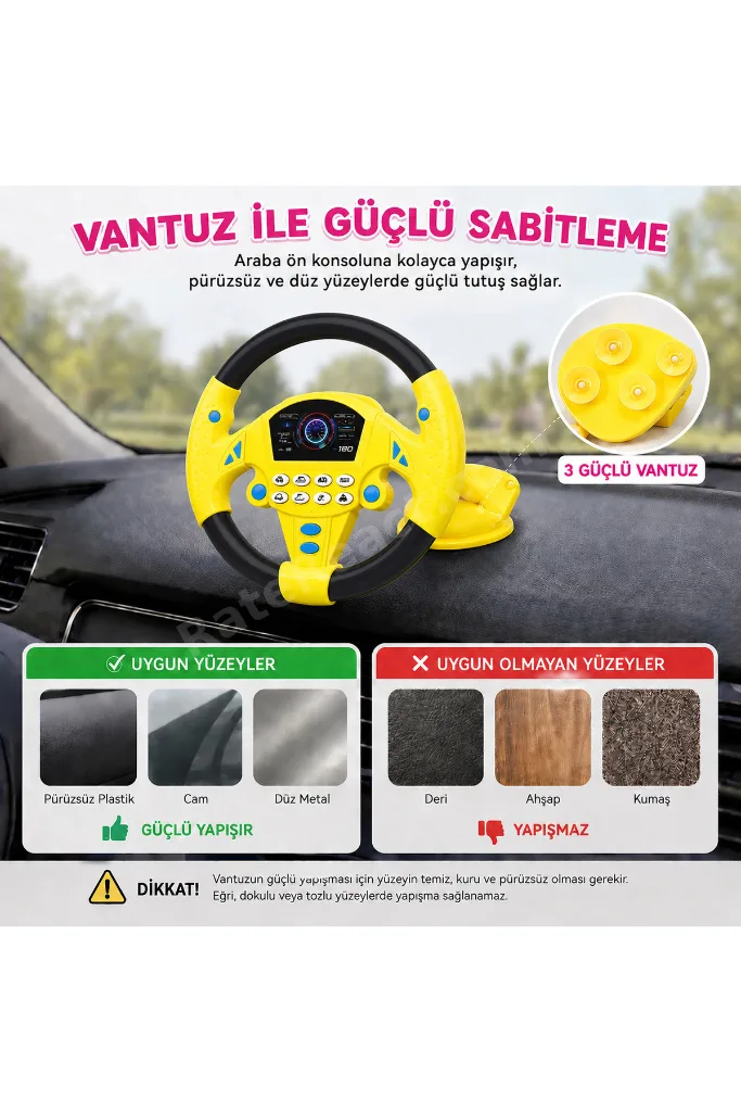 Sarı-Siyah Vantuzlu Oyuncak Direksiyon 360° Dönüşlü Sesli Çocuk Direksiyonu Eğitici Oyuncak