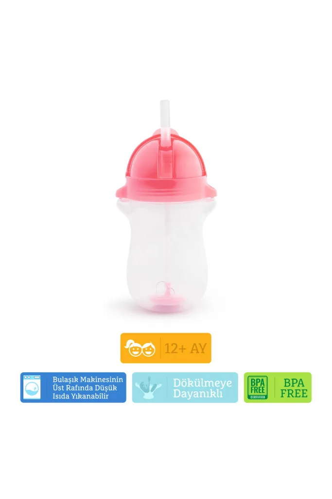 Tıklama Kilitli Uçlu Pipetli Alıştırma Bardağı, 12ay , 296ml, Pembe, 1 Adet