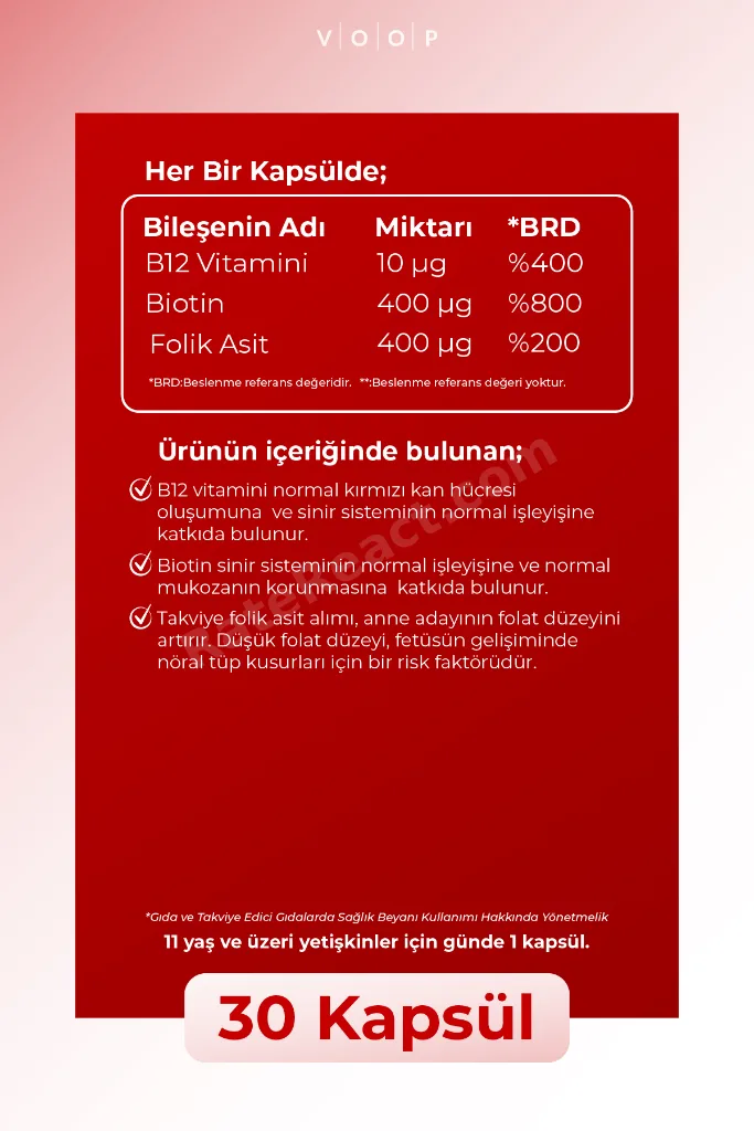 B12 Vitamini - Biotin&Folik Asit Cilt, Saç, Tırnak ve Beyin Sağlığı Destekleyici 30 Bitkisel Kapsül.