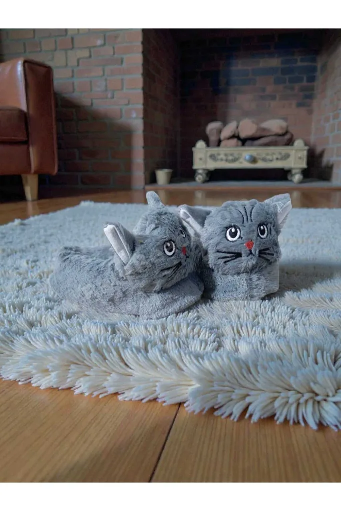 Kedi Panduf Ev Botu Çocuk Tuylu Peluş Yumuşak Kaymaz Tabanlı Hayvan Figürlü