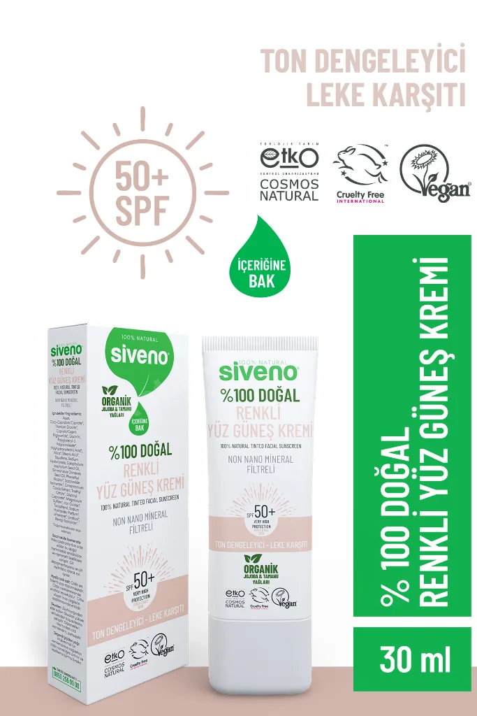 %100 Doğal Yüz Güneş Kremi Renkli Ton Eşitleyici Leke Karşıtı SPF 50+ UVA UVB 30 ml