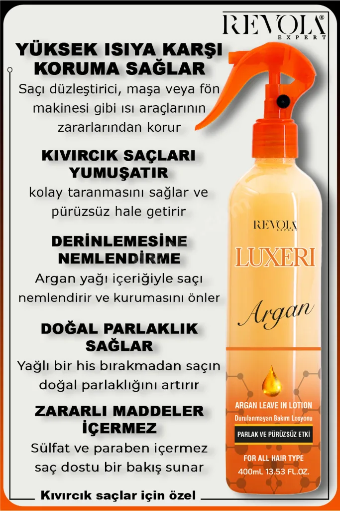 Kıvırcık Saçlar İçin Ekstra Parlaklık Sağlayan Durulanmayan Argan Fön Suyu Parlatıcı Saç Bakım Sprey