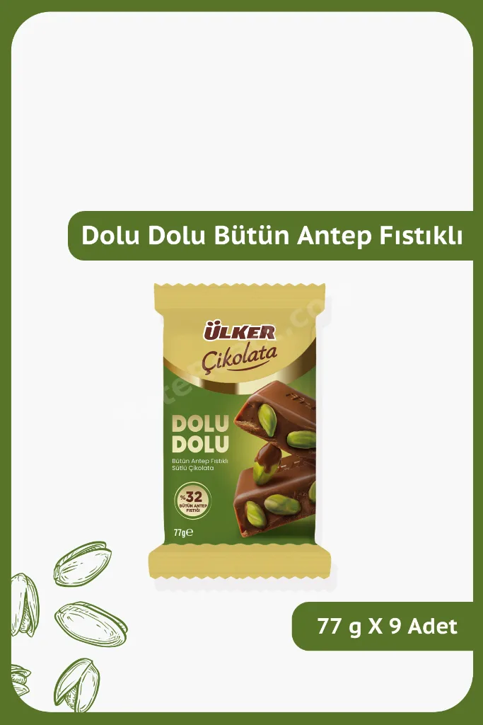 DOLU DOLU %32 Bütün Antep Fıstıklı Sütlü Çikolata - 77 gram - 9 Adet