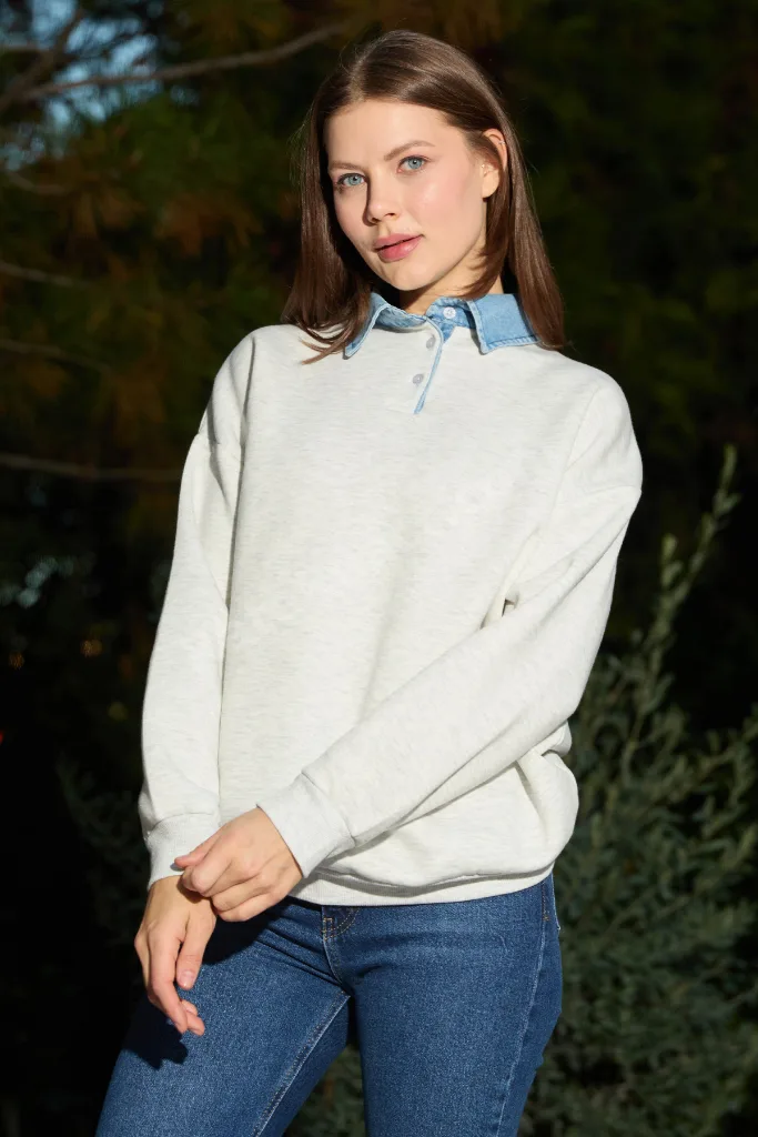 3 İplik Kot Garnili Gömlek Yaka Oversize Sweatshirt