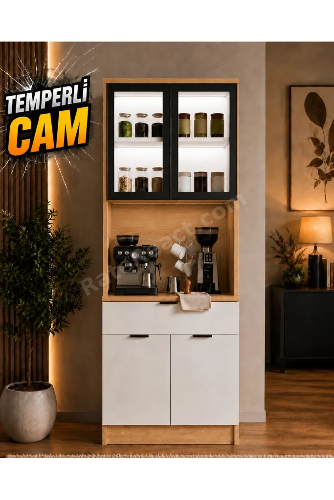 Dream Premium Minimal Kahve İstasyonu - Safir Meşe Temperli Camlı LED Modül