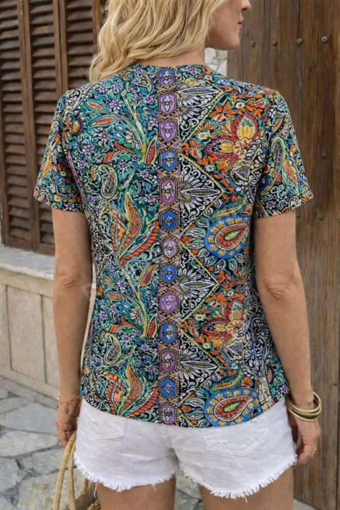 Trend v yakalı kısa kollu desenli trend bluz