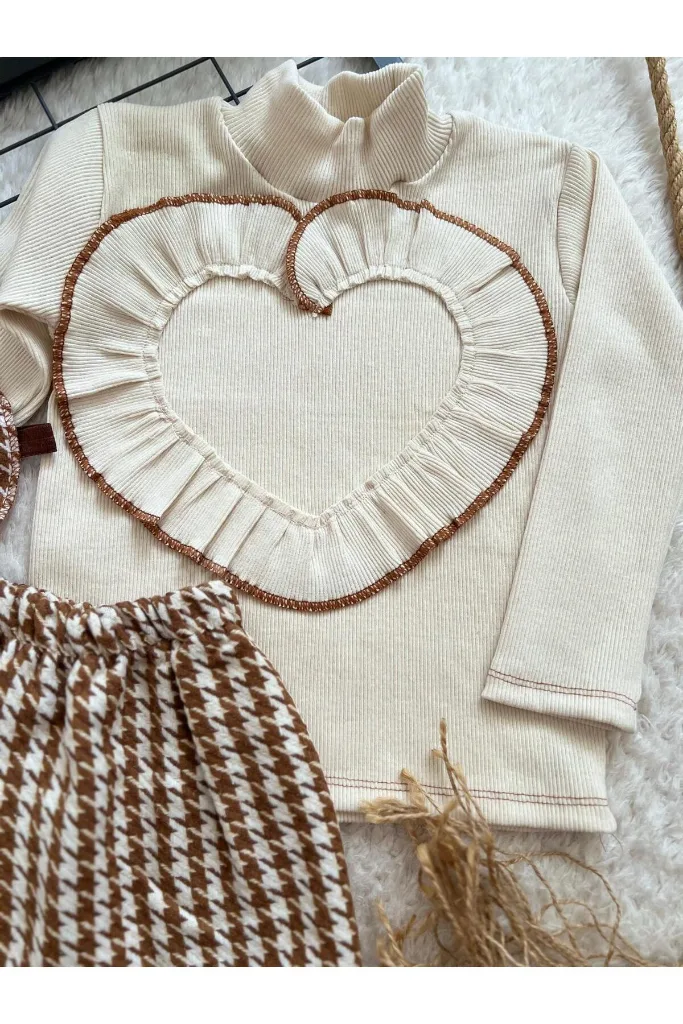 BEBEK KAHVERENGİ KAZAYAĞI ETEK BLUZ VE BANDANA SETİ TAKIMI