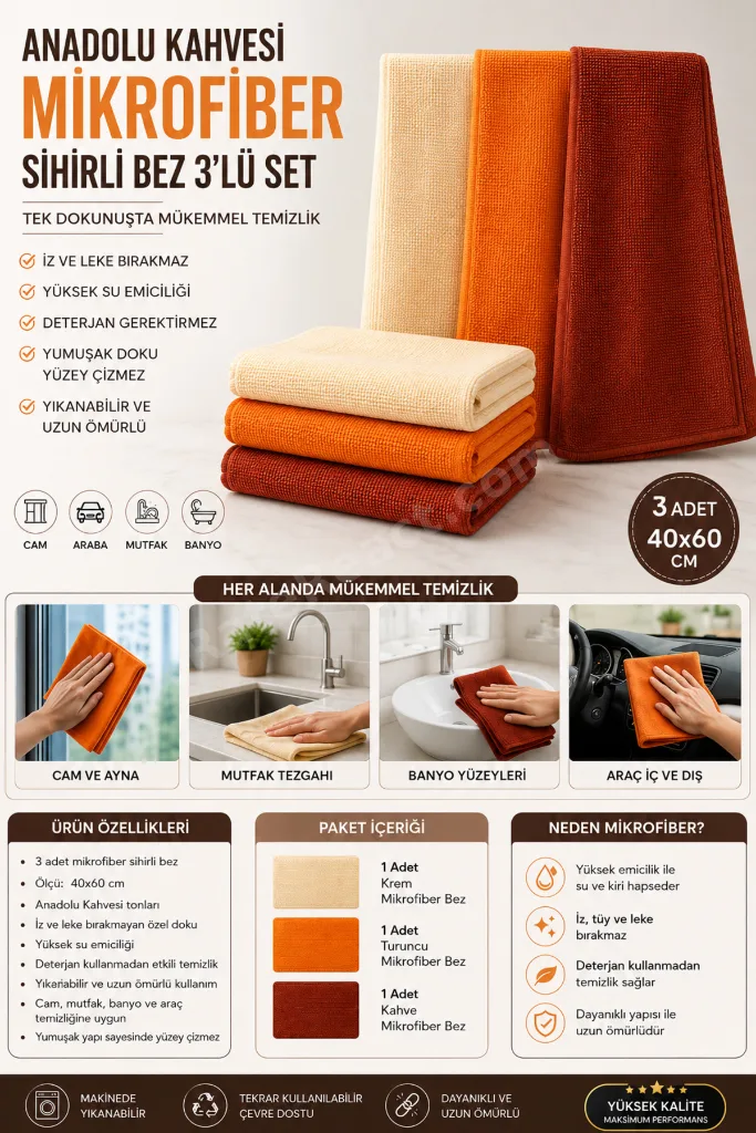Anadolu Kahvesi Mikrofiber Sihirli Bez 3’lü Set 40x60 cm Çok Amaçlı Temizlik Bezi