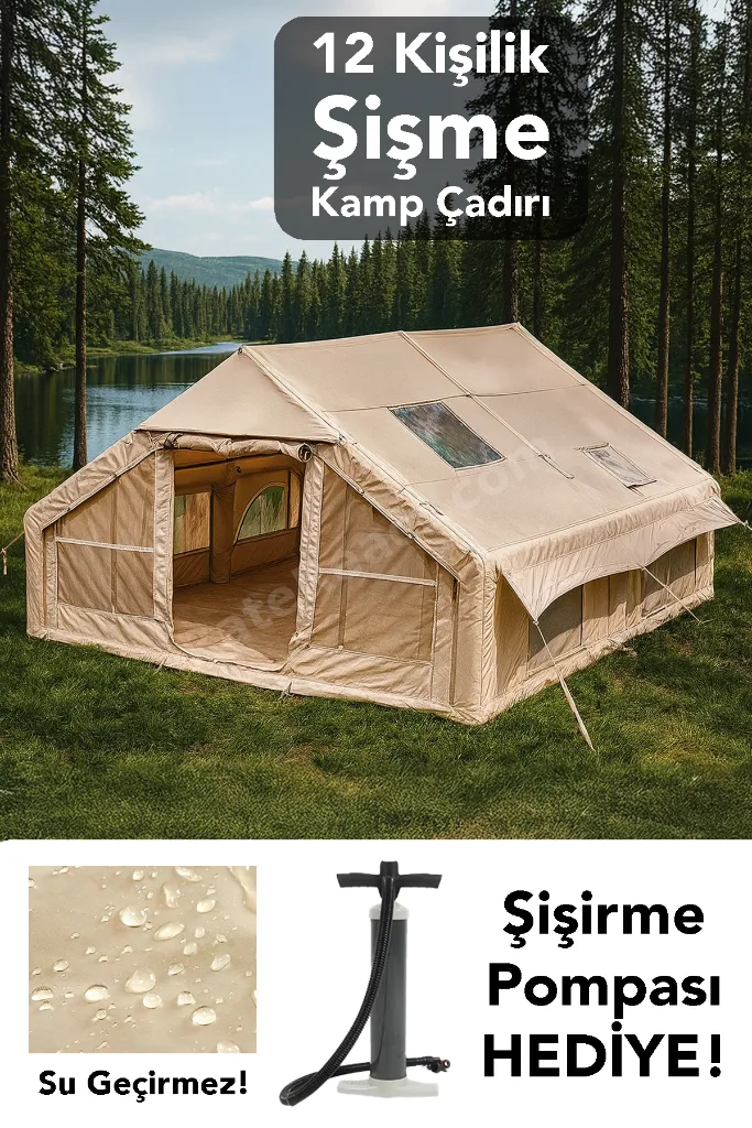 12 Kişilik Şişme Kamp Çadırı - 4 Mevsim Su Geçirmez Pencereli Kamp Çadırı 300x400 cm