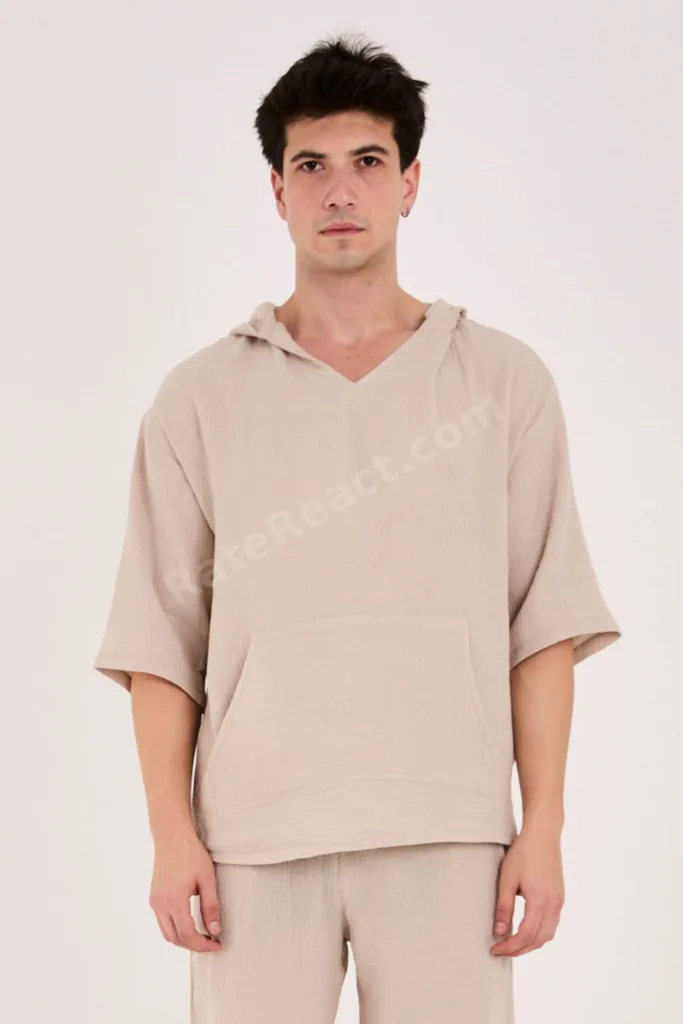 %100 Pamuk Kapüşonlu Kanguru Cepli Yazlık Bej Müslin Sweatshirt