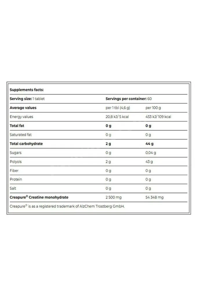 Black Line Creatine Creapure 2500mg 60 Chewable Tabs Zero Sugar