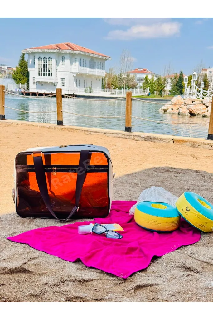 Neon Suni Deri & Renkli Şeffaf PVC Yıkanabilir Islak ve Kumlu Eşya Cebi Olan Plaj Çantası