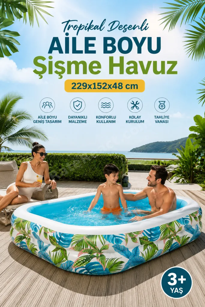 Tropikal Desenli Aile Boyu Büyük Şişme Havuz 229x152x48 cm Dikdörtgen Bahçe Ve Balkon Çocuk Havuzu