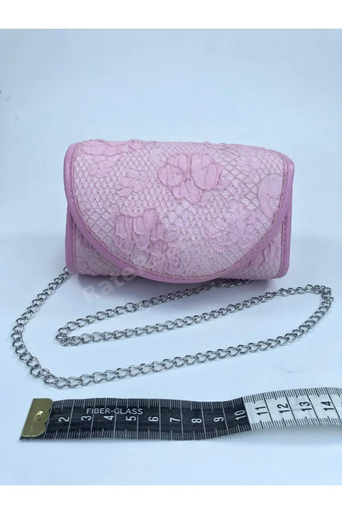 Gümüş Zincir Askılı Kız Çocuk Pembe Dantel Abiye Çanta