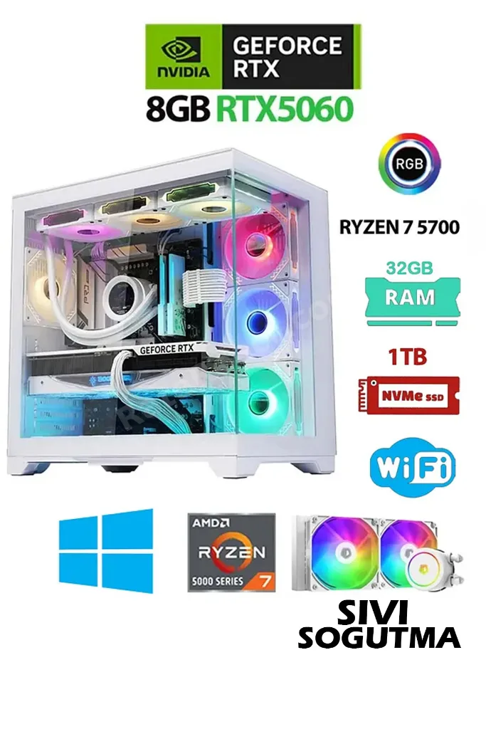 N320 Windows 11 Ryzen 7 5700,32GB DDR4 RAM,1TB M.2,8GB RTX5060,sıvı Soğutmalı Oyuncu Bilgisayarı