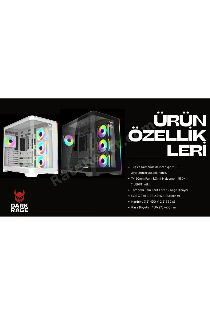 Siyah RGB 7 Fanlı 7x120mm Kumanda + Tuş RGB Kontrollü 1x Type-C 2x Usb Gaming Akvaryum Kasa