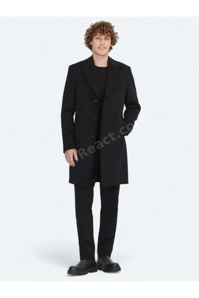 Siyah Regular Fit Kruvaze Yaka Casual Dokuma Palto