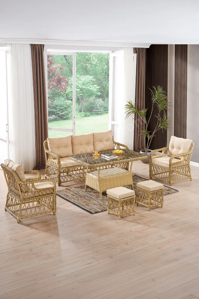 Edra Rattan Puflu Bahçe Balkon Takımı 3+1+1+Camlı Masa Cappuccino