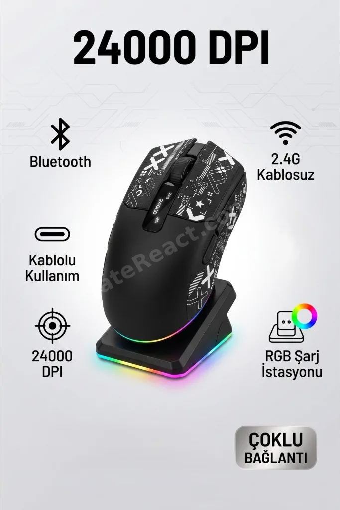 Kablosuz Gaming Mouse Bluetooth 2.4G Kablolu 3 Mod Bağlantılı 24000 DPI RGB Şarj İstasyonlu Oyuncu Mouse