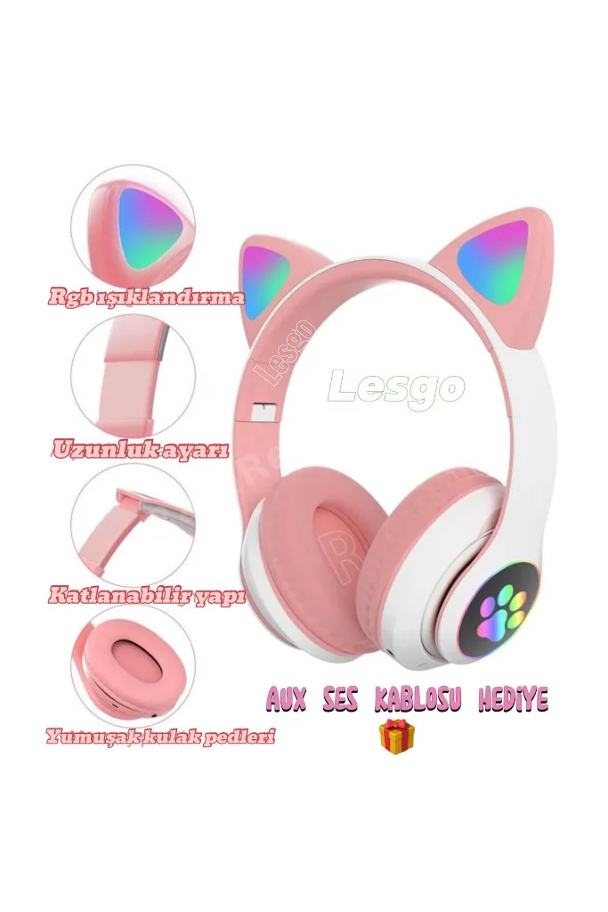 A+ Kalite Kedi Kulağı Detaylı Bluetooth Kablosuz Rengarenk Işıklı Rgb Çocuk Kulaklık 2025 vers
