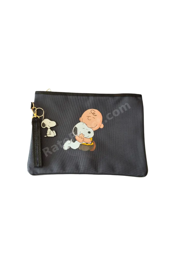 Lacivert Suni Deri Snoopy Desenli Portgöy Clutch Tablet Kılıfı Çanta
